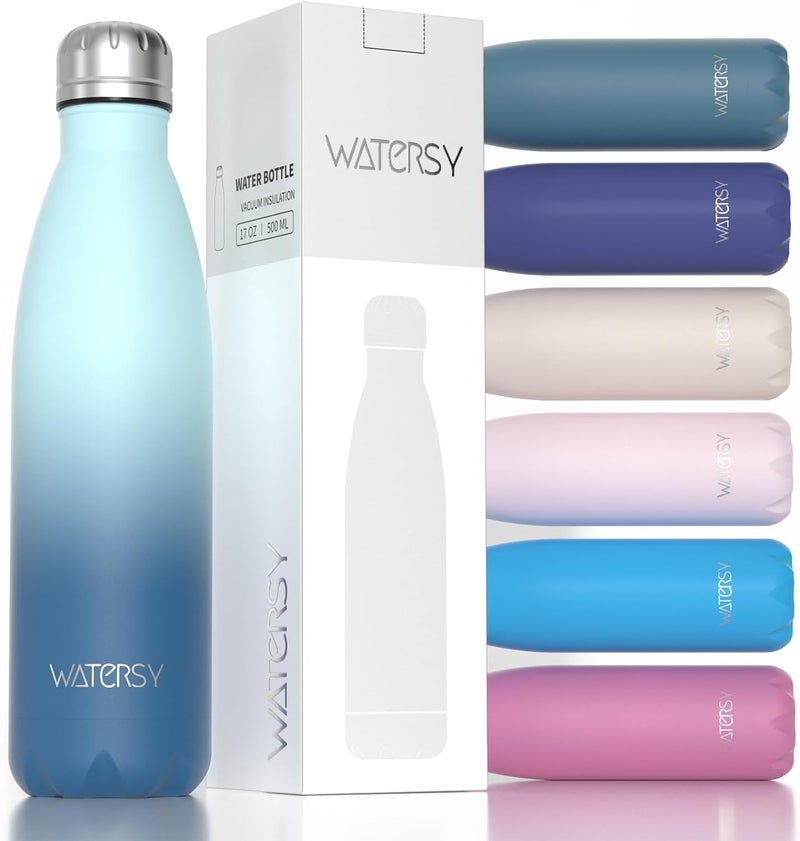 WATERSY Stainless Steel water bottles,17oz/500ml Insulated Water Bottles,Ocean Blue metal water bottle Keeps Drink Cold and Hot,BPA Free kids water bottles for School,Gym,Travel,Sports - Image 1